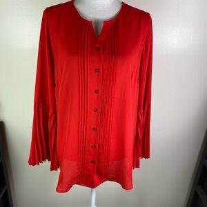 Kim Gravel Belle pin tuck pleated long  bell sleeve buttoned blouse red Sz M